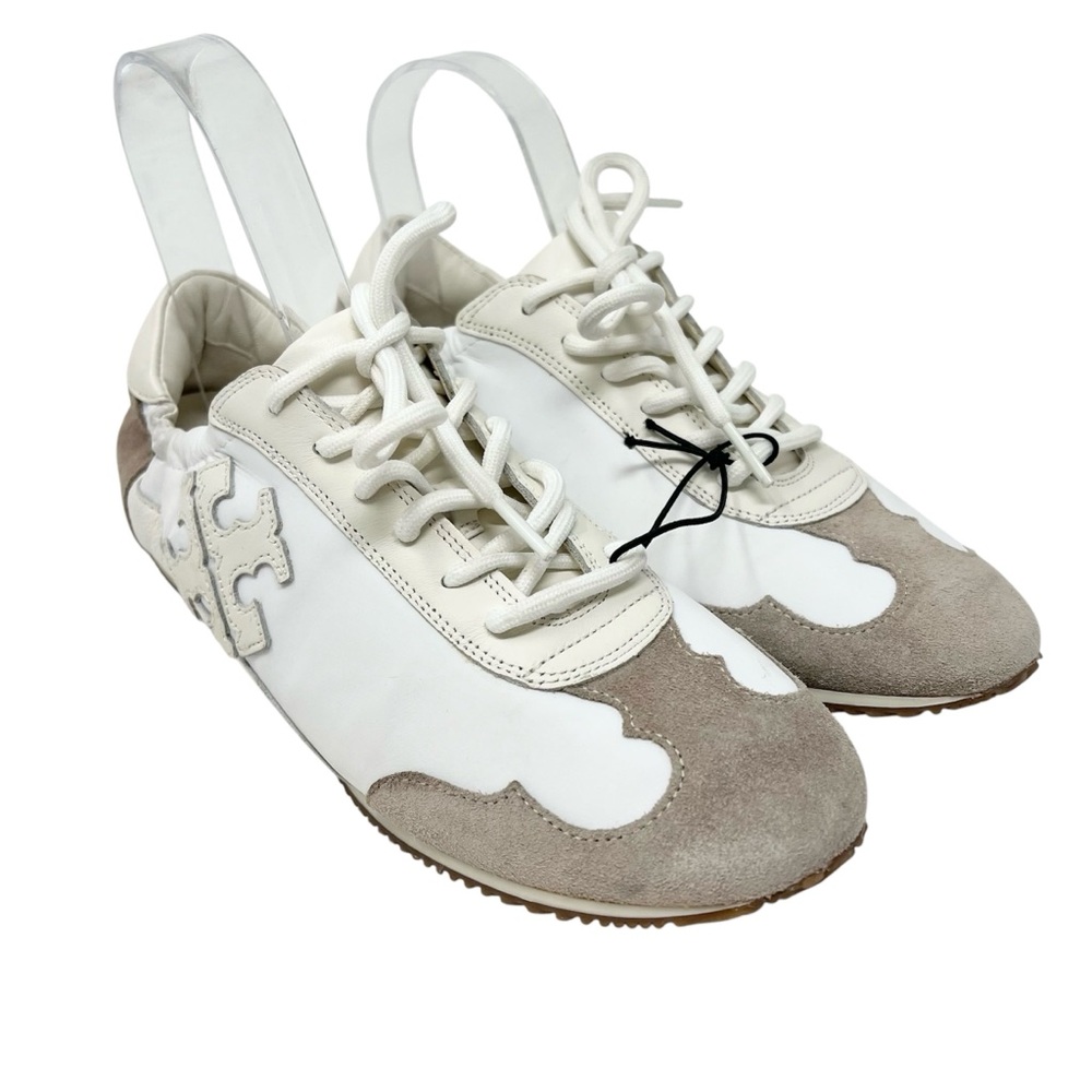 Tory Burch White and Beige Suede-Trim Sneakers - Picture 3 of 14